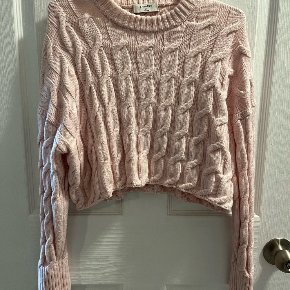 Babaton Blush Cropped Cable-Knit Crewneck Sweater